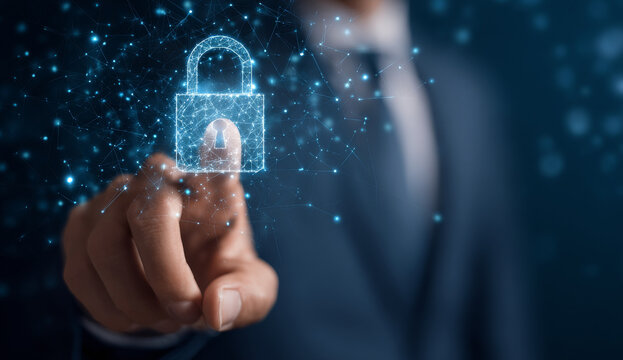 Businessman touching a futuristic digital padlock icon with a network of interconnected lines and glowing points