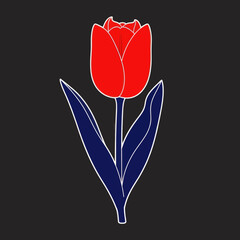Stylized red tulip flower with blue leaves on a black background, floral design element.