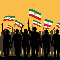 Silhouettes of crowd protesting with iranian flags. Demonstration, revolution concept.