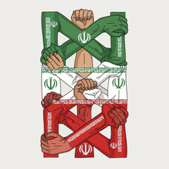 Illustration of arms intertwined, colored with the iranian flag colors. Unity concept.