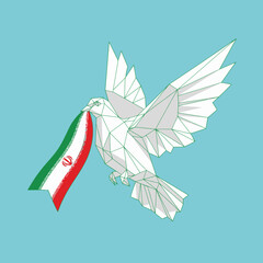 Dove with iran flag in its beak, geometric polygon style, symbol of peace and freedom.
