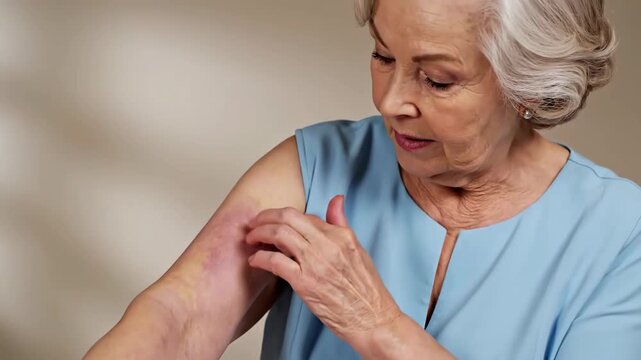 Elderly Woman Examining Arm Bruise And Explaining Its Origin And Care Guidance