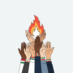 Hands of diverse people holding a flame, symbol of hope, freedom, and solidarity.