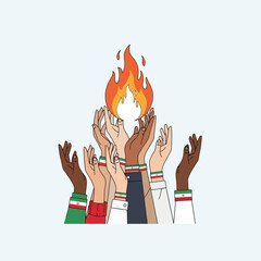 Diverse raised hands with iran flag wristbands hold fire flame. Freedom and revolution concept.