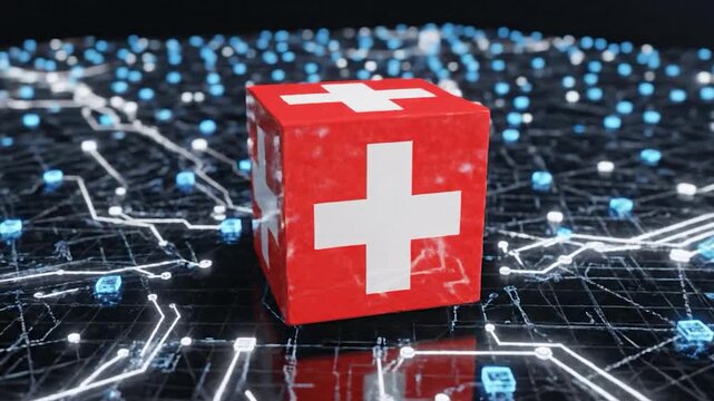 Swiss flag cube on a digital network grid, symbolizing global data