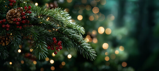 Festive Holiday Cheer: A close-up shot of a decorated evergreen branch captures the holiday spirit, creating a warm, inviting atmosphere.