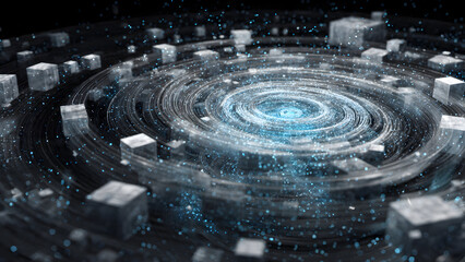 A holographic swirling vortex of blockchain data blocks representing nonstop ledger updates