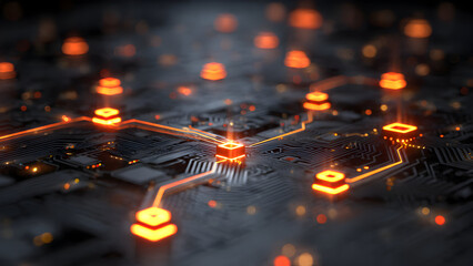 A macro glowing circuit grid with blockchain node icons emerging from silicon pathways
