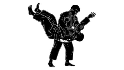 Martial artists performing judo throw in dynamic pose on white background