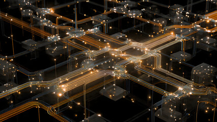 A multi-node diagram rendered with realistic glowing lines showing IPFS pathways between storage units