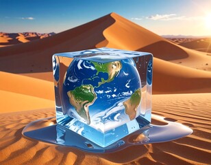 Earth globe inside an ice cube melting in desert sand