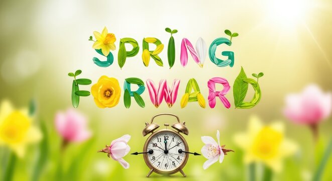 A colorful springtime scene with flowers, leaves, and a clock in a vibrant green and yellow field.