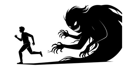 Man running away from a monstrous creature in a dark illustration