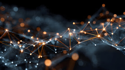 A network of digital threads connecting glowing blockchain node points across a dark matrix background