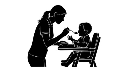 Mother Feeding Child at Table Silhouette Illustration