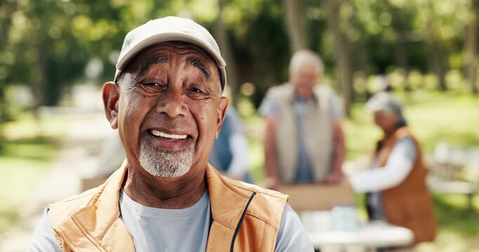 NGO volunteer, face and old man at park for community service, charity event and outreach project. Retirement organization, senior people and happy in nature for social responsibility and about us