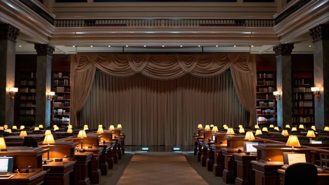 Grand Library Setting with Elegant Lighting and Curtain Celebrates National Screenwriters Day, Inspiring Creativity and Storytelling with Phrase