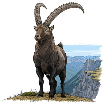 Alpine ibex illustration standing proudly on rocky mountain peak landscape background.
