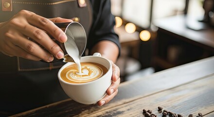 A barista pouring milk into a cup of coffee with a heart-shaped design on the surface.
