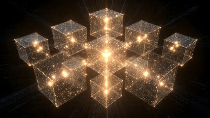 A radiant cluster of interconnected cubes that illustrate blockchain node unity and flow