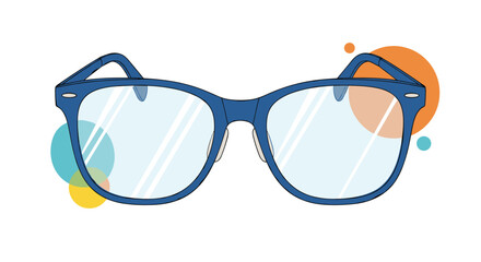 Fototapeta premium Stylish blue-framed glasses with clear lenses and playful abstract colorful circles on a white background, representing vision and fashion.