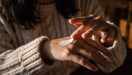 温かい光の中で白いニットを着た人物が手にクリームを塗るクローズアップ