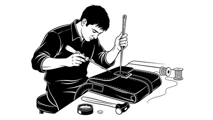 Focused artisan meticulously handcrafting a bespoke leather bag using traditional tools and expert techniques, embodying manual skill and dedication