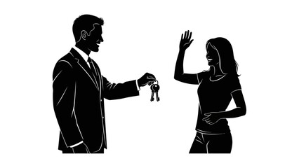 Man in Suit Hands Over Keys to a Waving Woman, Symbolizing Property Transfer or Sale