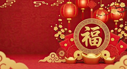 Chinese New Year decorations with red lanterns, gold ornaments, and traditional symbols on a red background.