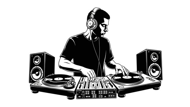 DJ performing music set with turntables and headphones in a studio