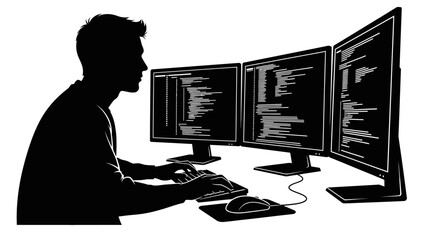 Focused programmer silhouette working efficiently with code on multiple computer screens, representing software development and technological expertise