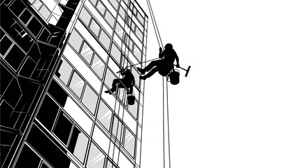 Dynamic black and white illustration of two window cleaners rappelling down a modern skyscraper, showcasing urban maintenance at great heights