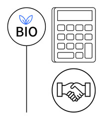 Bio sustainability concept. Bio image with eco-friendly focus, handshake symbol of cooperation, and calculator calculation of green initiatives. For environmental impact, eco-business, partnerships