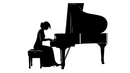 Elegant Silhouette of a Woman Playing a Grand Piano on a White Background