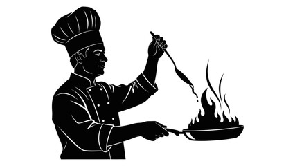 Dynamic culinary scene featuring a professional chef skillfully flambéing food in a hot pan, an iconic symbol of gourmet cooking and restaurant excellence