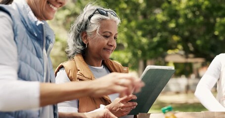 Volunteer, tablet and woman in park, typing and community service with online checklist. Mature person, outdoor or tech with social responsibility, connection or digital app for inventory or donation - Powered by Adobe
