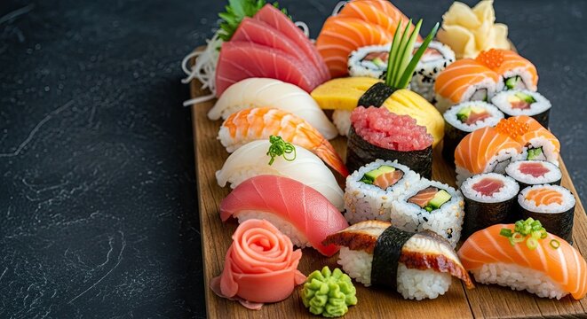 A vibrant sushi platter with a variety of sushi rolls, nigiri, and sashimi on a wooden board. - Powered by Adobe