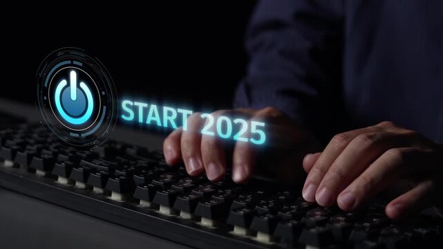 Start 2025 concept with futuristic power button symbolizing fresh beginnings, innovation, and digital transformation. Start 2025, new goals, and start 2025 initiative. Muxer