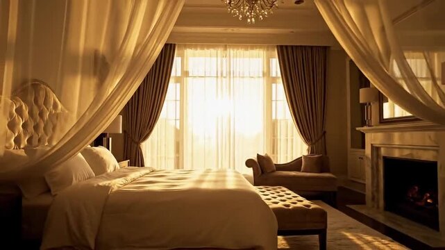 Elegant Bedroom Luxury Suite Illuminated By Sunset Light, Offering Ultimate Relaxation