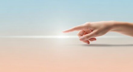 A hand pointing towards a glowing light on a soft, gradient background.