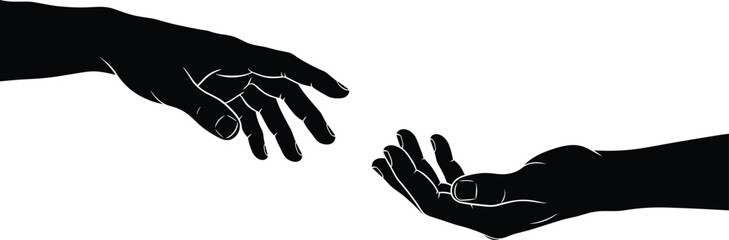 Reaching Hands Silhouette Vector Illustrating Assistance, Connection, Support, and Unity Themes in Black Isolated on White Background for Stock Use