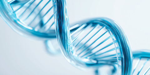 Stylized blue DNA double helix with glossy translucent texture and base pair bars—ideal for biotech, genetics, education, medical visuals, or premium scientific commercial design.