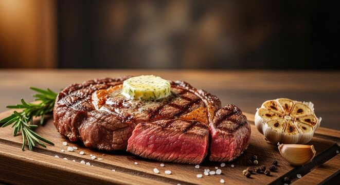 A grilled steak with a pat of butter and a sprig of rosemary on a wooden cutting board.