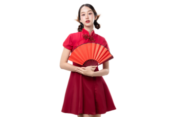 Asian woman wearing  cheongsam traditional red Chinese dress holding red fan on transparent background, PNG file format.