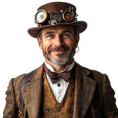 Front view of a mid shot of a suave man dressed in a steampunk inventor costume, smiling, studio shot, isolated on a white transparent background