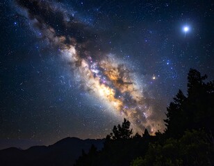 Night sky view, vibrant galaxy arcs over silhouetted trees and mountains