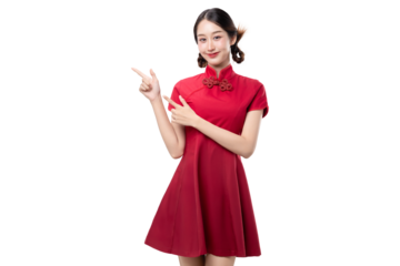 Asian woman in a traditional red Chinese dress pointing finger to the side on transparent background, PNG file format.