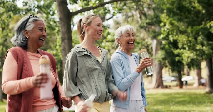 Happy women, water or walking with personal trainer in park for cardio exercise or outdoor workout. Female people, coach or laughing with smile for fun physical activity, health or wellness in nature