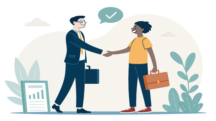 Flat Vector Silhouette of an Accountant Shaking Hands with a Client, Symbolizing Agreement and Partnership.