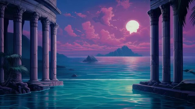 Ancient colonnade over reflective water with a giant fantasy moon and colorful sunset sky in a surreal landscape illustration
